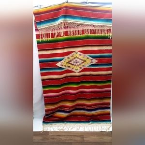 Vtg Mexican Serape Saltillo Blanket, Woven Stripes, Southwest Wool 90x46”,damage